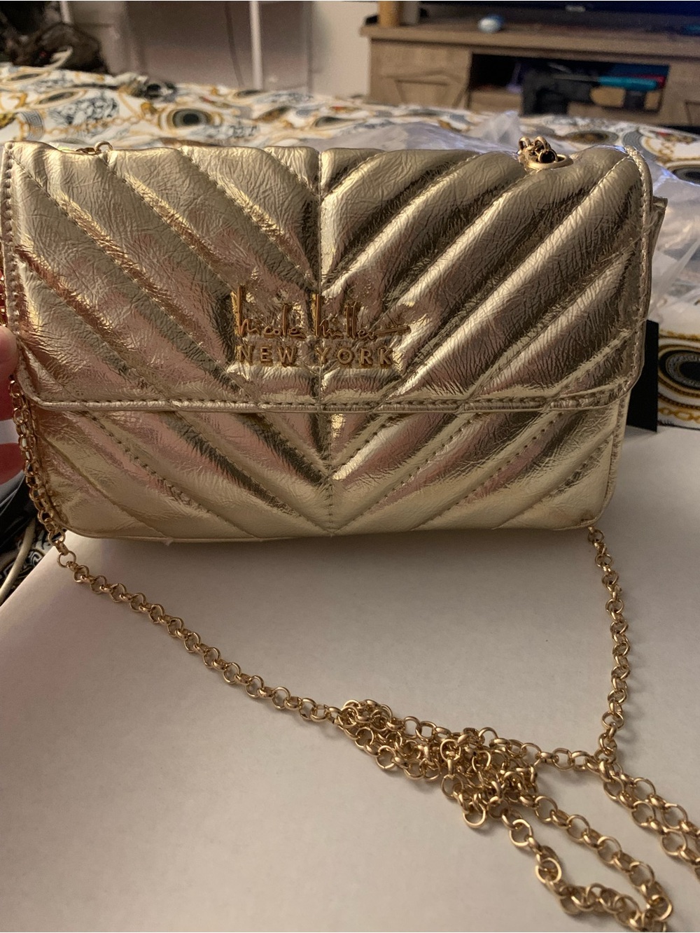 NWT Nicole Miller Metallic Gold Quilted Crossbody Bag